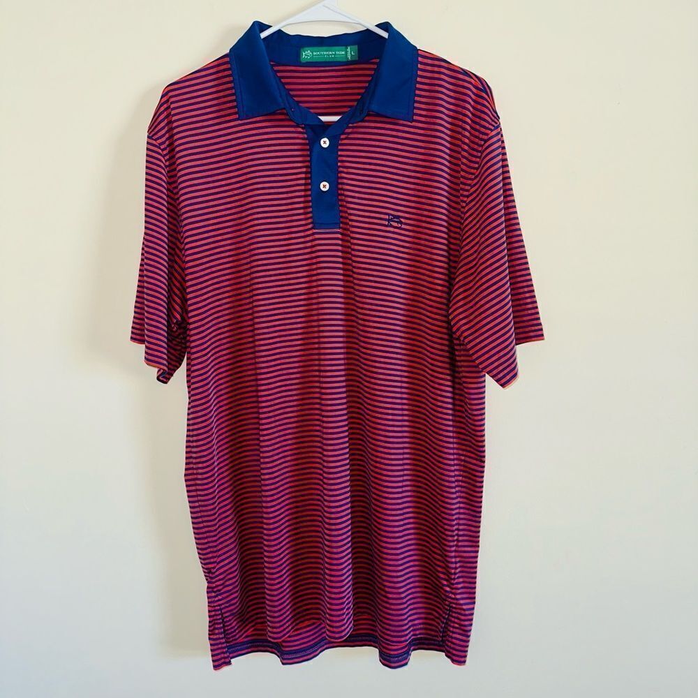 Souther Tide Orange/Red Blue stripe polo SIZE L